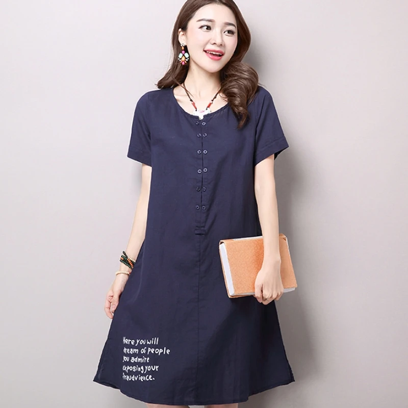 Женское винтажное платье с принтом хлопково-льняное Повседневное декоративными