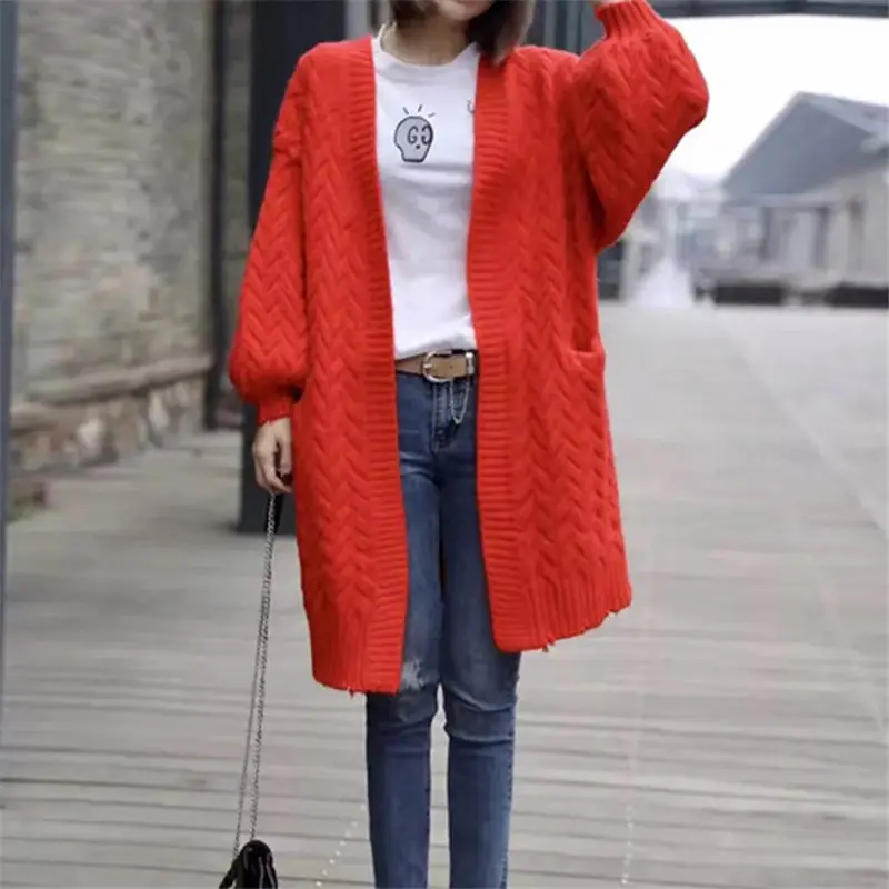 Korean Twist Long Sweater Jacket Women Knit Cardigan Woman Loose Lantern Sleeves Knitting Coat Thick Spring blusa de croche f225 |