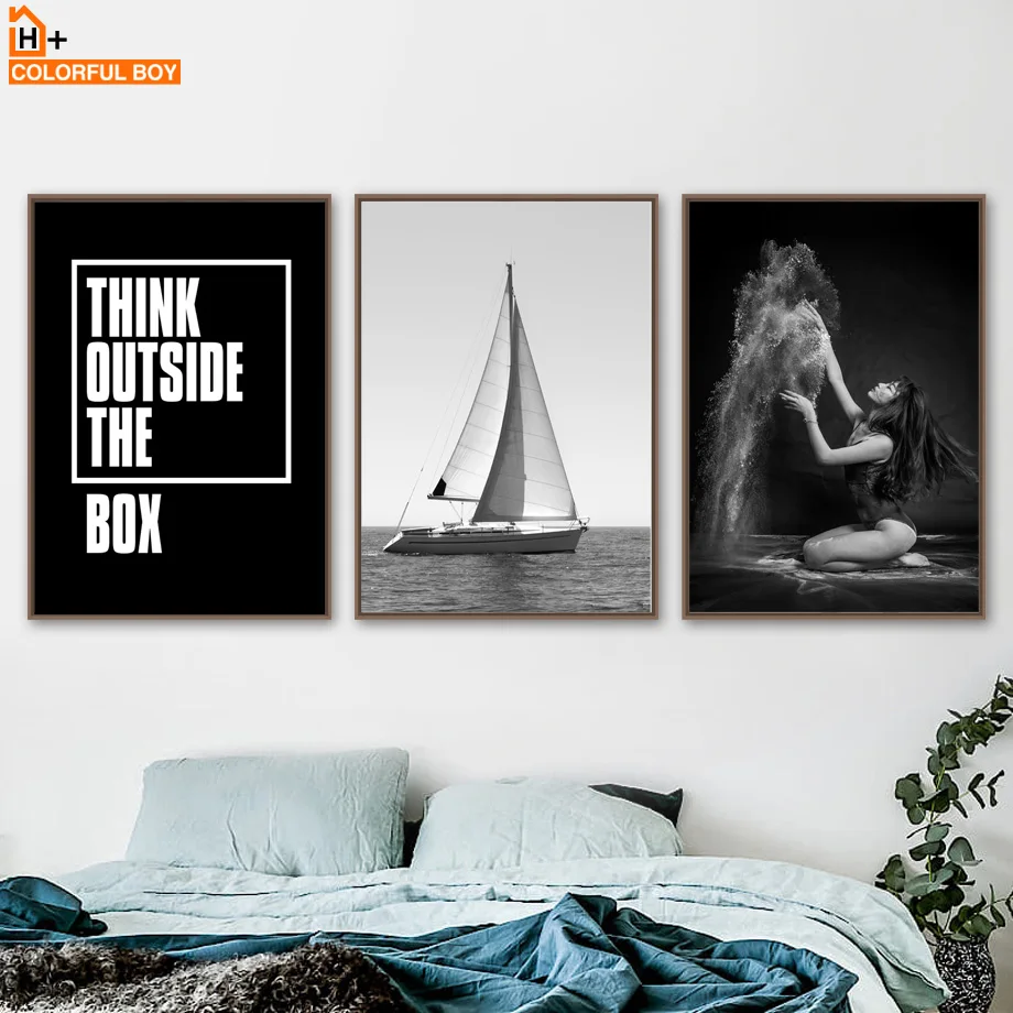 Girl Sea Boat Landscape Quote Wall Art Canvas Painting Nordic Posters And Prints Black White Pictures For Living Room Decor | Дом и сад