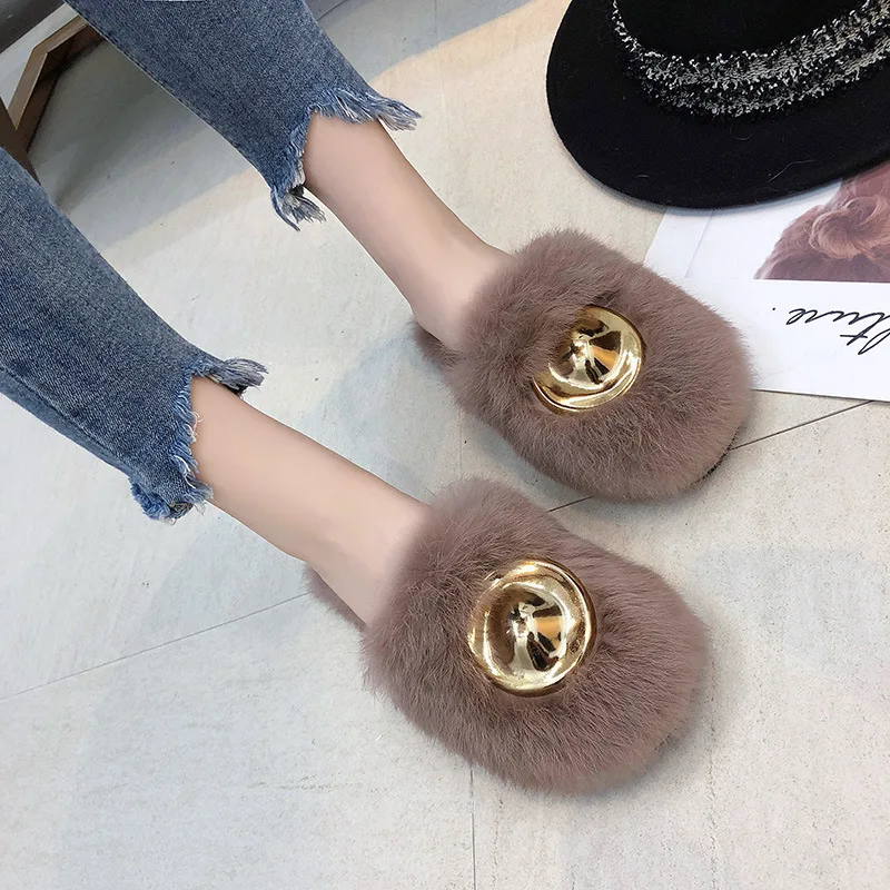 Пушистые тапочки женские 2019 осень и зима новый стиль Плоская Круглая головка Baotou