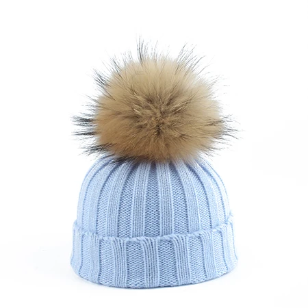 baby blue Модные детские зимние шапки с большим меховым помпоном, вязаная теплая шапка для детей, вязаная шапочка с помпоном для мальчиков и девочек - Цвет: baby blue
