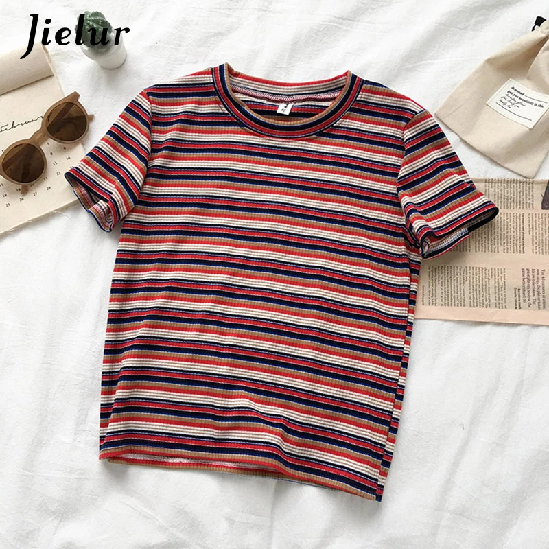 Jielur/красные желтые синие женские футболки в полоску 2019 г. Корейская футболка Ulzzang
