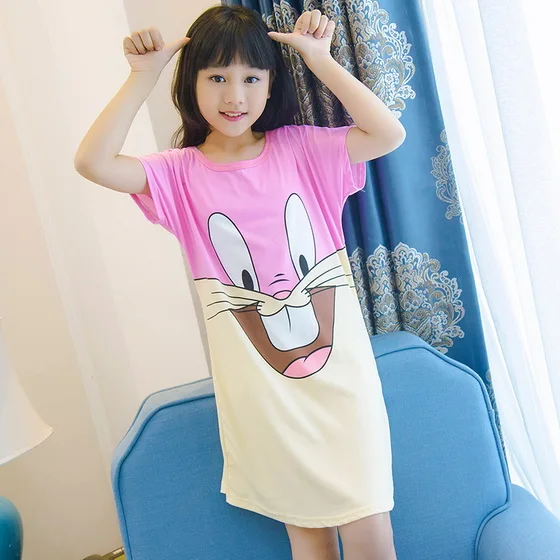 Hot sale Short sleeve girl's Nightgown Summer Cartoon night dress kids pajamas Knitted cotton children Homewear sleepwear ZP22 | Мать и