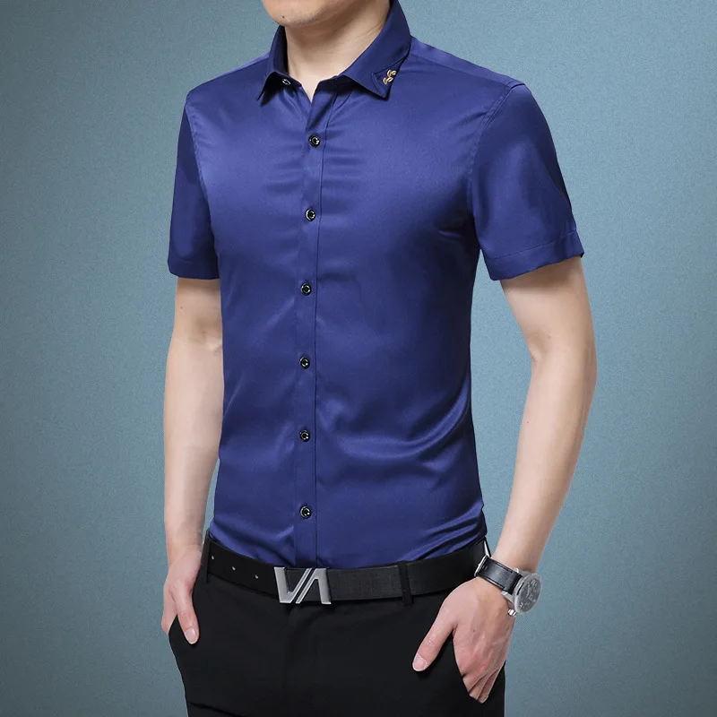 Мужские облегающие рубашки размера плюс летние повседневные из чистого шелка с