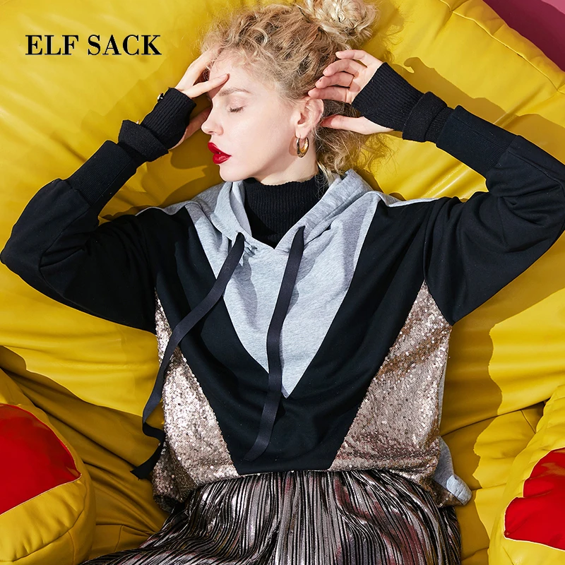 ELFSACK, Осенние новые женские свитшоты, хлопковые Повседневные вязаные женские толстовки с капюшоном в стиле Харадзюку, Лоскутная Женская толстовка, топы