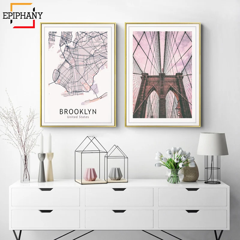 Бруклинский мост карта города картины на холсте Современные плакаты и принты