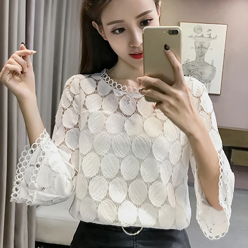 Bigsweety Hot Sale Sexy Hollow Out Shirts Womens Tops And Blouses Fashion Female Flare Sleeve O-Neck Clothes For Women Blusa | Женская