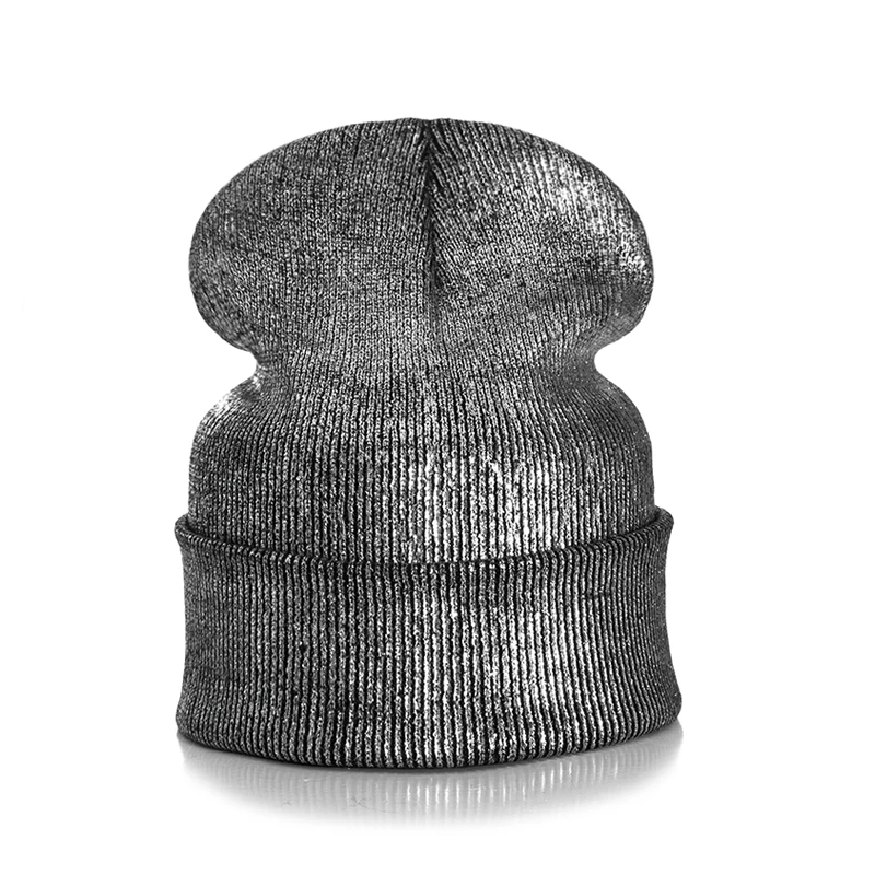 Женская вязаная шапка Skullies Beanies, модная зимняя женская шапка с золотым тиснением, одноцветная шапка бини, Женская мигающая шапка Skullies для девушек - Цвет: Silver