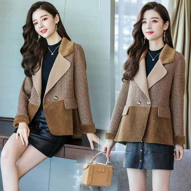 Женское короткое пальто в клетку повседневное двубортное шерстяное и куртка