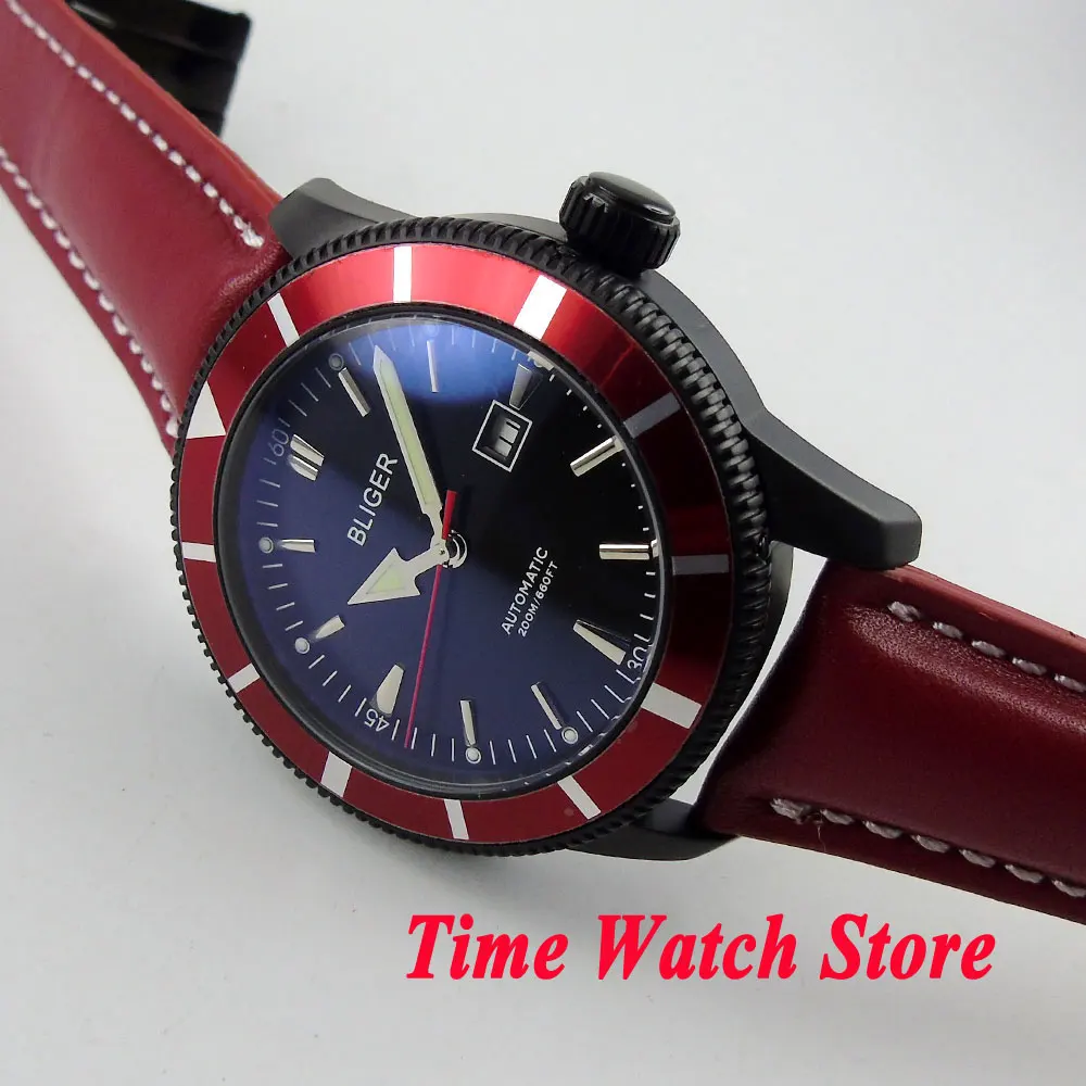 

Bliger 46 мм черный циферблат красный ободок светящаяся раскладная застежка черный PVD корпус автоматическое движение Мужские часы BL121