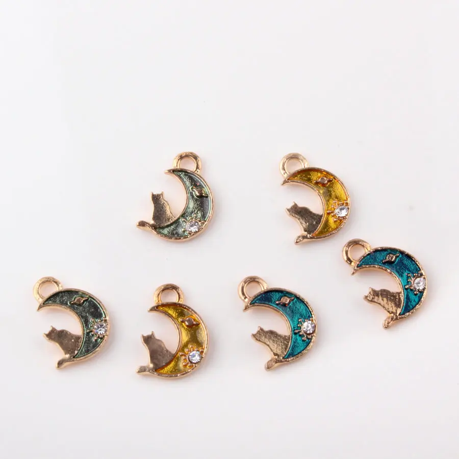 

10pcs Gold Tone Alloy Oil drop Enamel Rhinestone Cat on the moon Charms Bracelet Animal Pendant DIY Handmade Jewelry Making