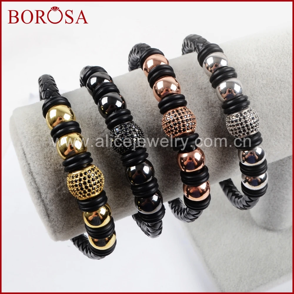 BOROSA Натуральной Черной Кожи Micro Pave CZ Кристалл Медь Браслеты магнит браслет пряжки