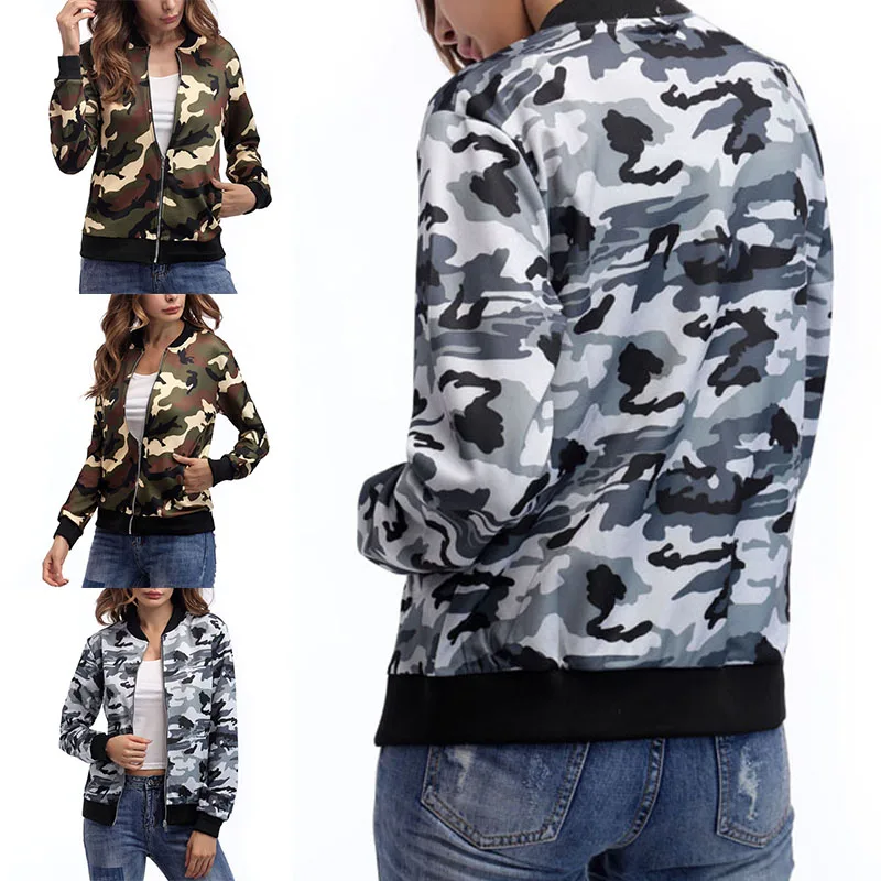 Womens Lady Long Sleeve Biker Camouflage Army Printed Bomber Jacket Coat Outwear | Женская одежда