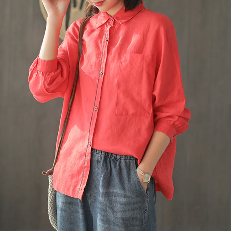 Новинка 2020 года. Однотонные весенние женские льняные блузки с длинным рукавом и