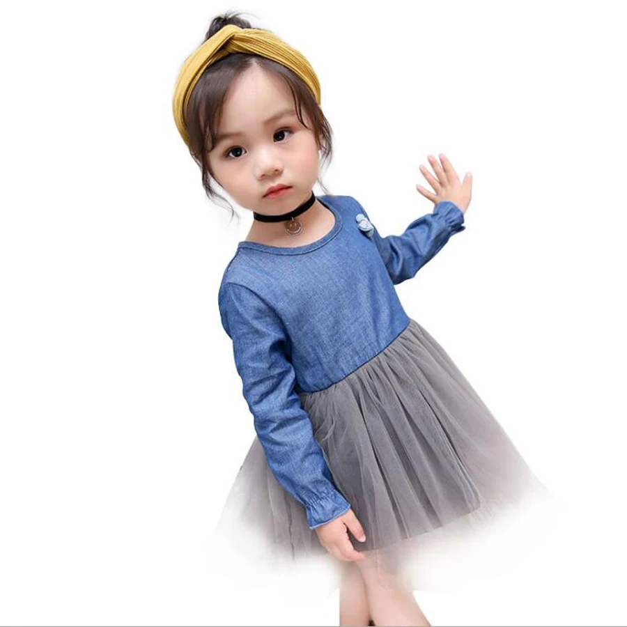 Spring and autumn new children's long-sleeved dress girls cowboy mesh princess | Детская одежда и обувь