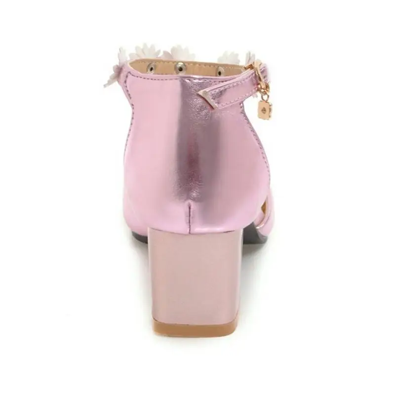 

Tuyoki Size 33-45 Vintage Women Wedding High Heel Sandals Flower Ankle Strap Metal Color Thick Heel Pumps Summer Women Shoe