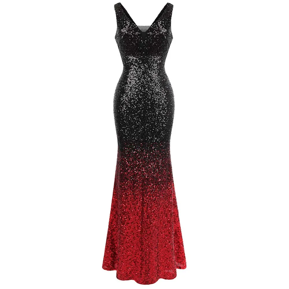 black red 382 Angel-Fashion, женские градиентные вечерние платья, с блестками, v-образный вырез, Русалка, контрастные цвета, вечерние платья, черный, красный, 382 - Цвет: black red 382