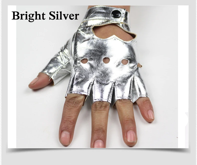 Bright Silver Женские полупальчиковые перчатки в стиле хип-хоп, женские перчатки из искусственной кожи с сердечками, без пальцев, для девочек, для выступлений, танцев - Цвет: Bright Silver