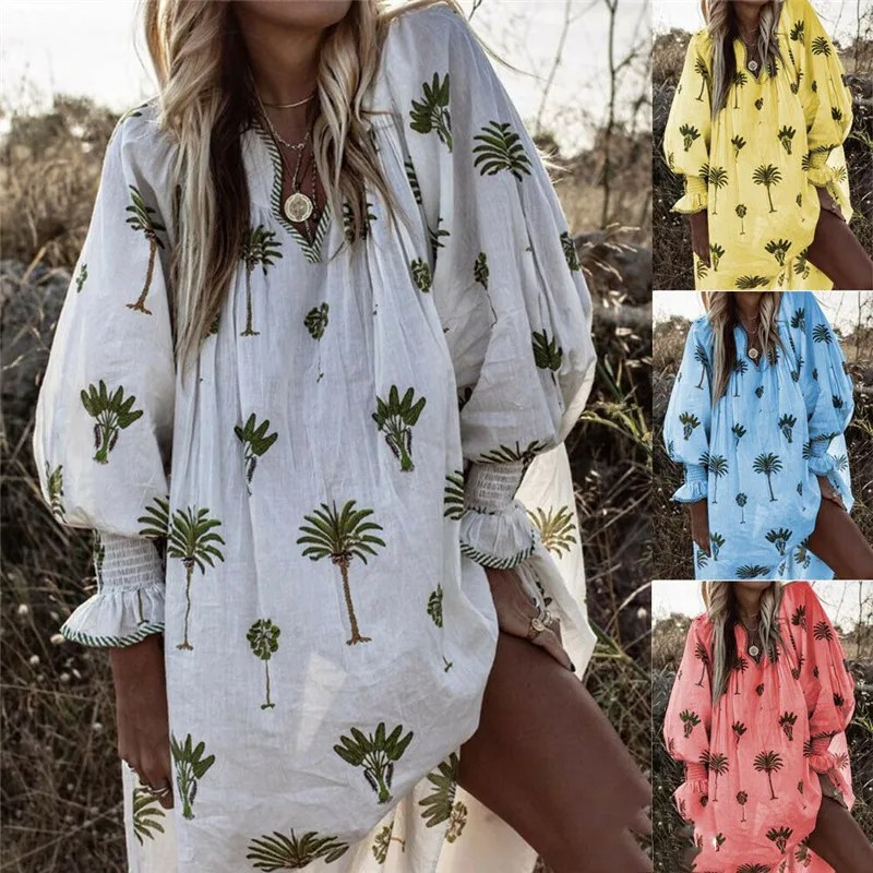 2019 летнее платье новинка для женщин с длинным рукавом в стиле Бохо принтом