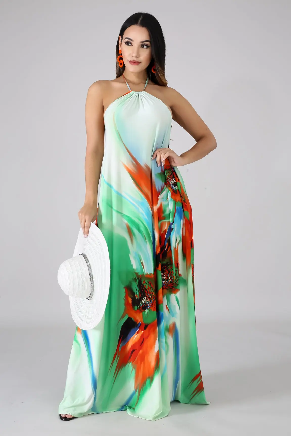 Офисная Леди печати Boho Макси женское платье Мода Холтер винтажные пляжные платья без рукавов вечерние Vestido