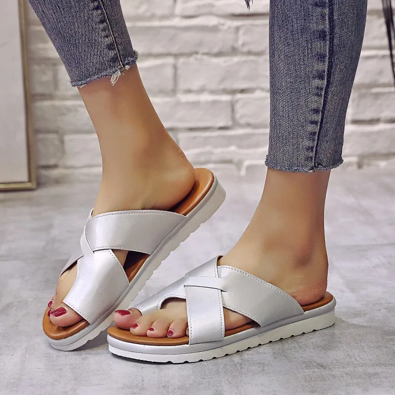 Rimocy fashion women silver slides 2019 summer beach casual slip on cross strap sandalias mujer flat heels platform slippers new |