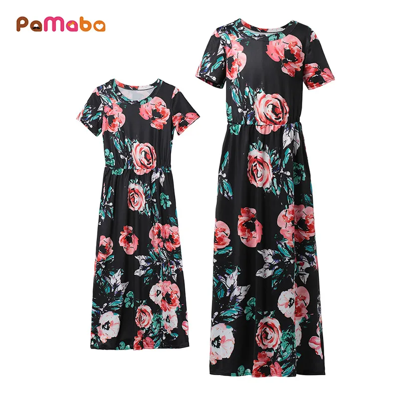 

Семейный комплект PaMaBa, летнее богемное элегантное платье макси для мамы и дочки, женское и девочек, платье с цветочным принтом, халат, платье