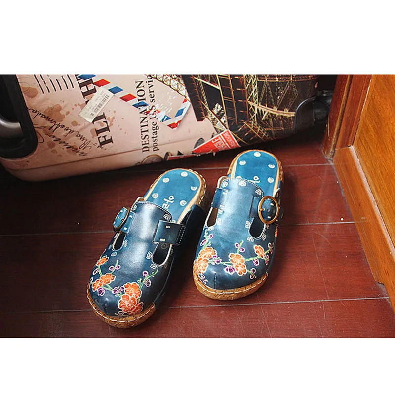 2019 summer new leather cowhide thick bottom flat sandals national candy color ladies home slippers | Обувь