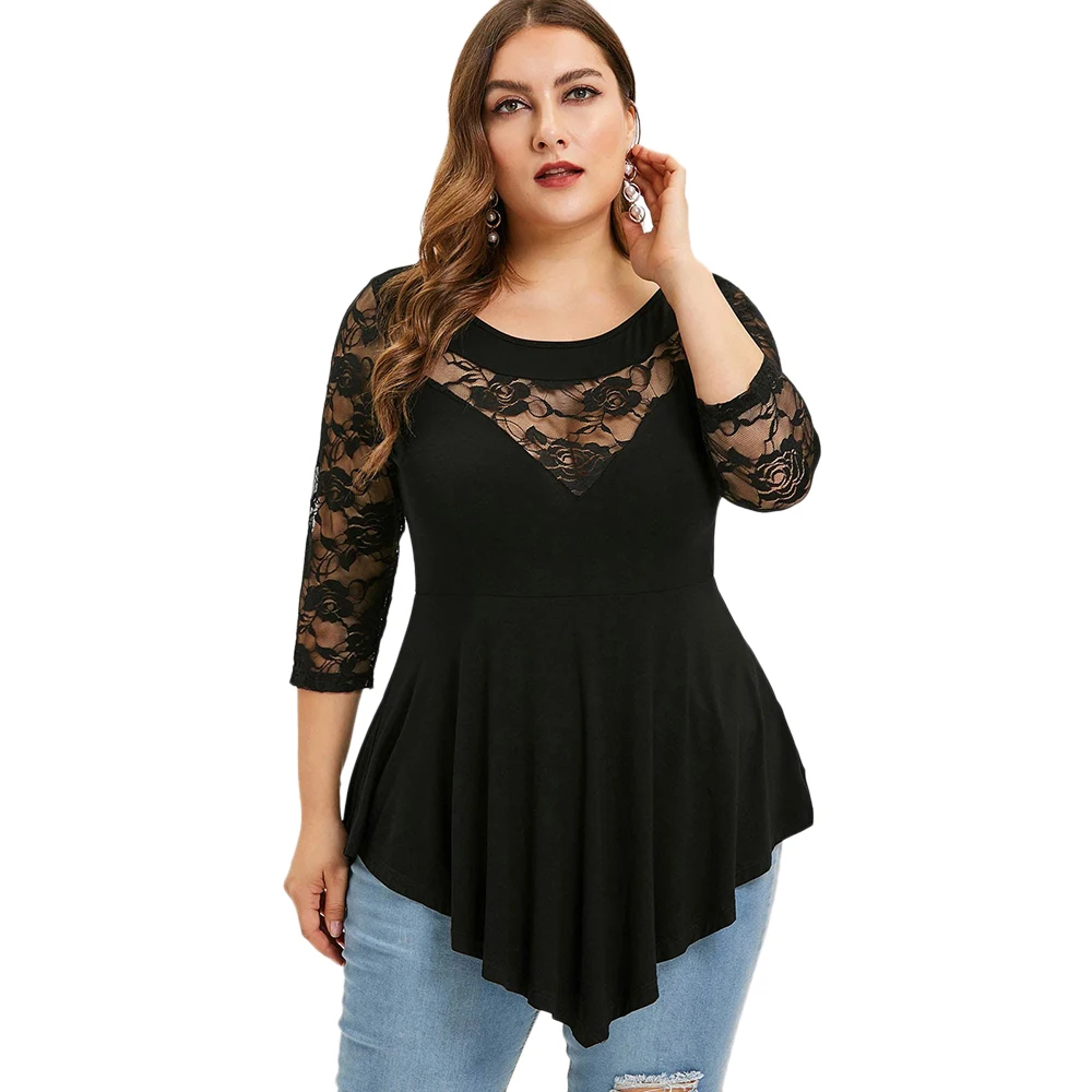 Женская Асимметричная футболка с кружевными вставками ROSEGAL размера плюс летние