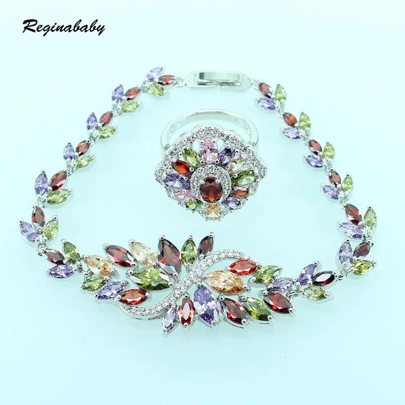 Created Multi Gems Silver Color Jewelry Sets For Women Wedding Bridal Bracelet/Necklace/Earrings/Ring/Pendant | Украшения и
