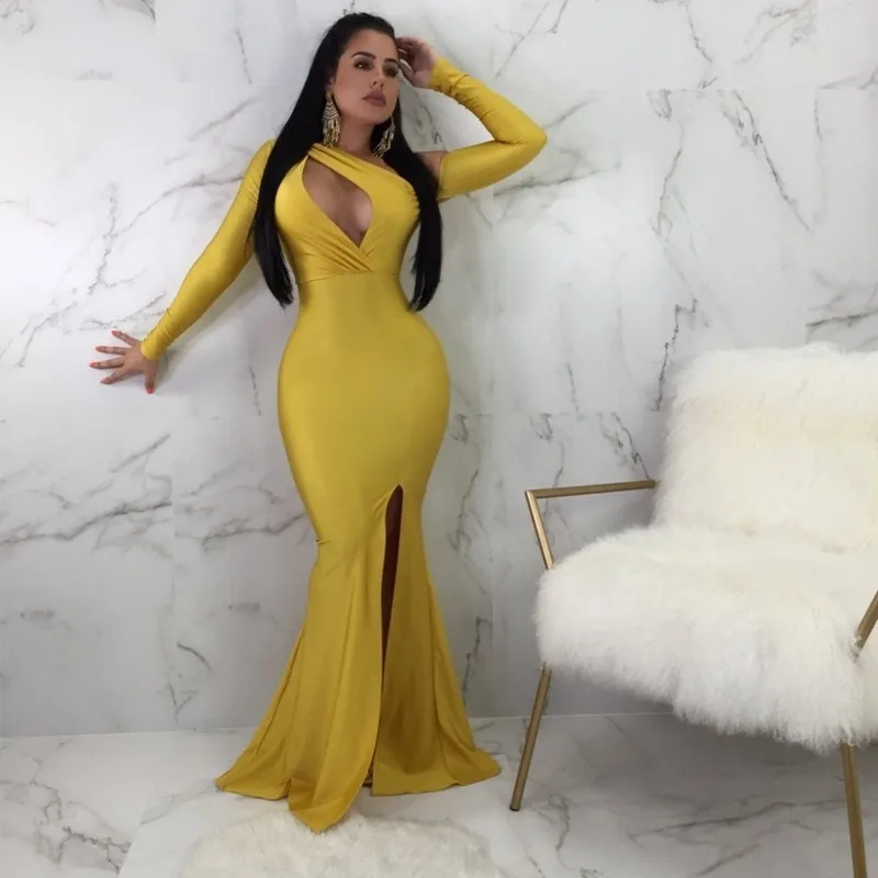 Женское облегающее платье Fuedage Осеннее однотонное длинное с одним плечом и