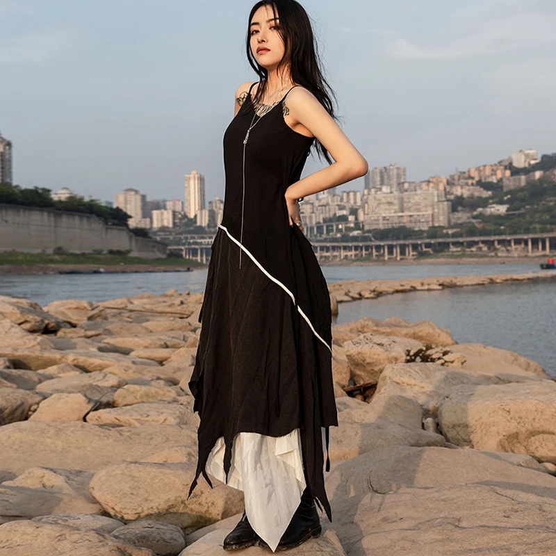Новый 2019 Для женщин летние однотонные черные асимметричное платье с юбкой солнце
