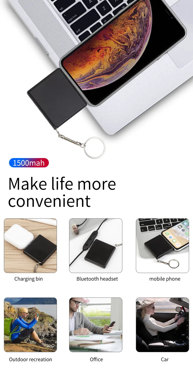 Портативное портативное зарядное устройство для iPhone, Xiaomi, huawei, OPPO, 1500 мА/ч, Внешнее зарядное устройство 2 в 1, зарядное устройство
