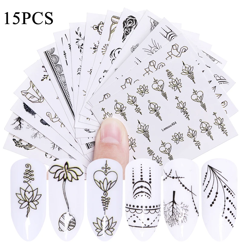 set 14 15pcs 1 Набор, смешанный дизайн, набор наклеек для ногтей, Черное кружево, золотой, серебряный блеск, цветок, водная наклейка, слайдер, обертывания, украшения для ногтей - Цвет: set 14 15pcs