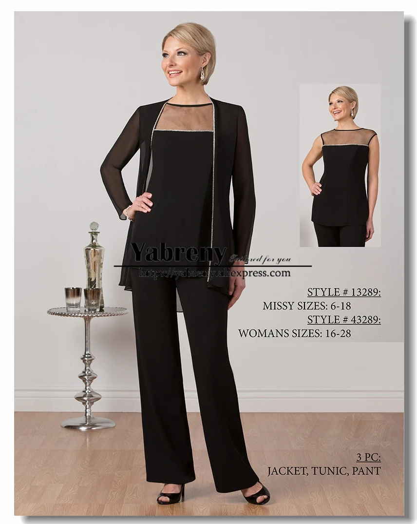 

Elegant mother of the bride pant suits Black Chiffon outfit New arrival