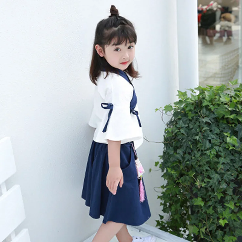 2019 Summer New Children's Clothing Girls Cotton and Linen Chinese Style Dress National Wind Retro Two-piece Sachet Kimono Set |