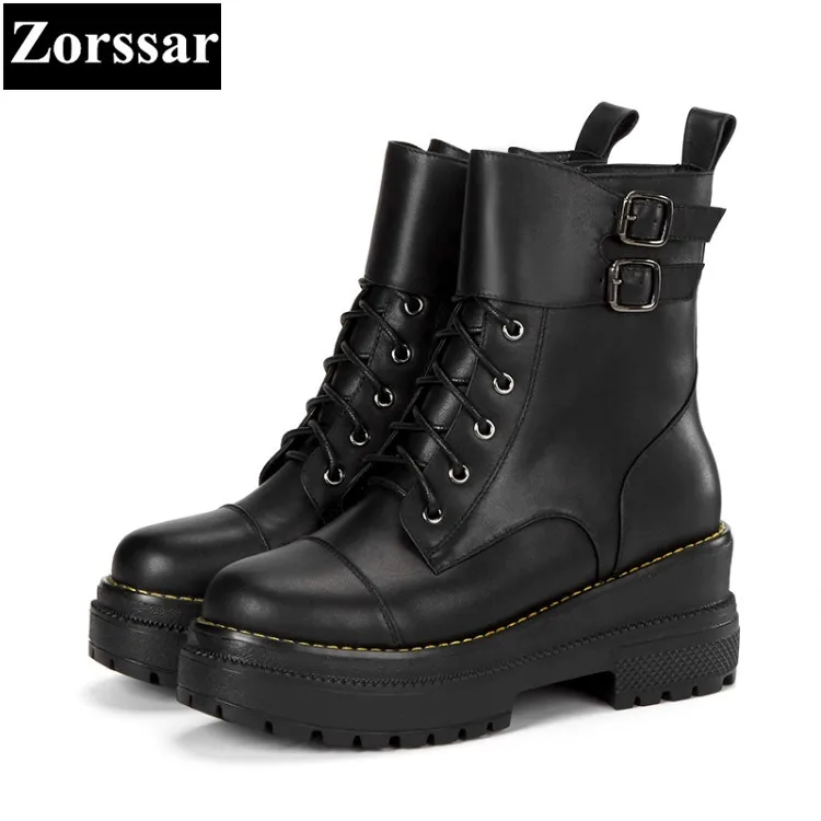 {Zorssar}/ г.; зимняя женская обувь; модные кожаные ботильоны в байкерском стиле; женские повседневные Полуботинки на платформе и высоком каблуке со шнуровкой - Цвет: Черный