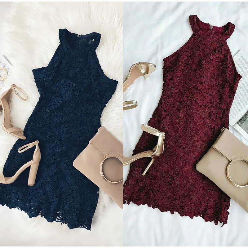 Женское кружевное мини платье без рукавов однотонное облегающее карандаш