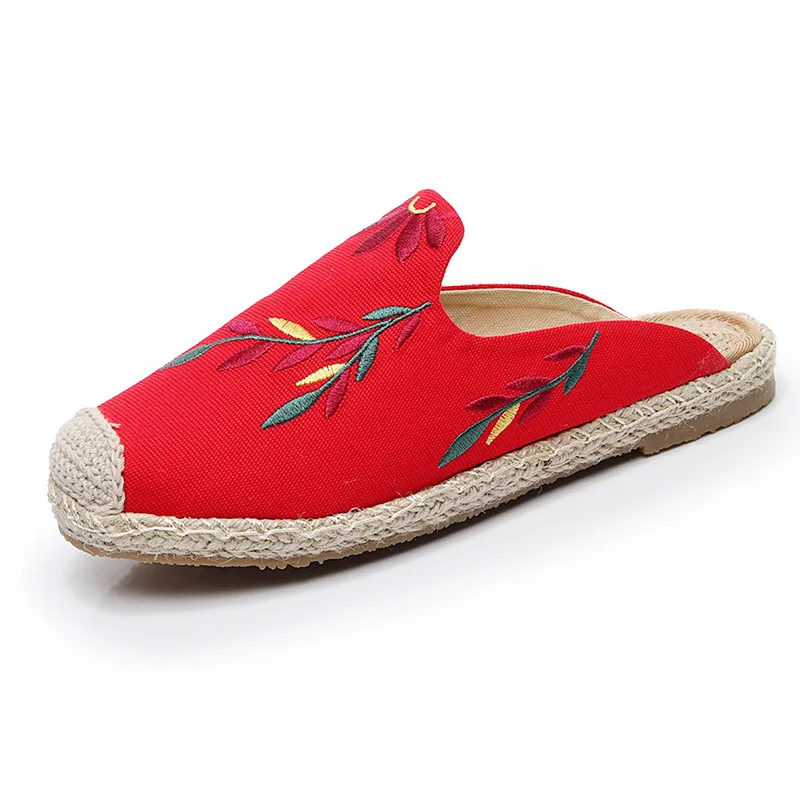 

New embroidered leaf half slippers women beach shoes hemp rope straw-woven fisherman shoes, flat-soled Muller shoes mules shoes