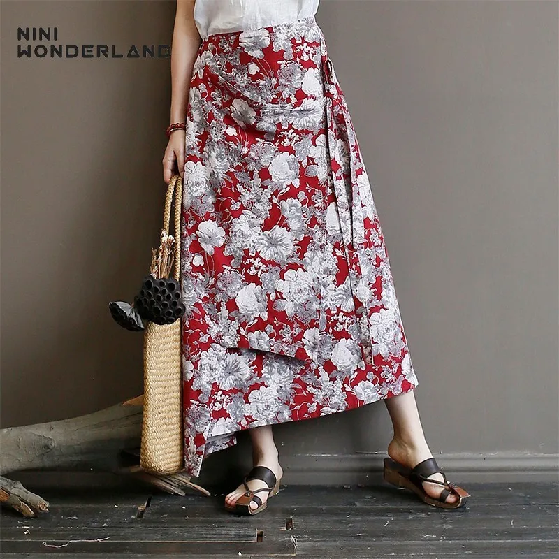 Женская винтажная юбка NINI WONDERLAND асимметричная из хлопка и льна с высокой талией
