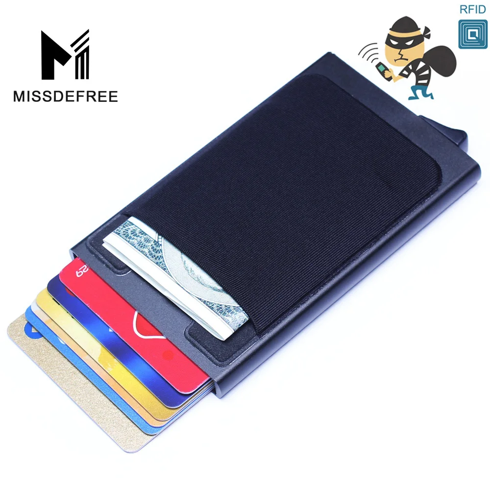 Алюминий бумажник с заднего кармана ID Card Holder RFID Блокировка мини-тонкий металлический кошелек автоматические всплывающие Дело Кредитная карта протектор