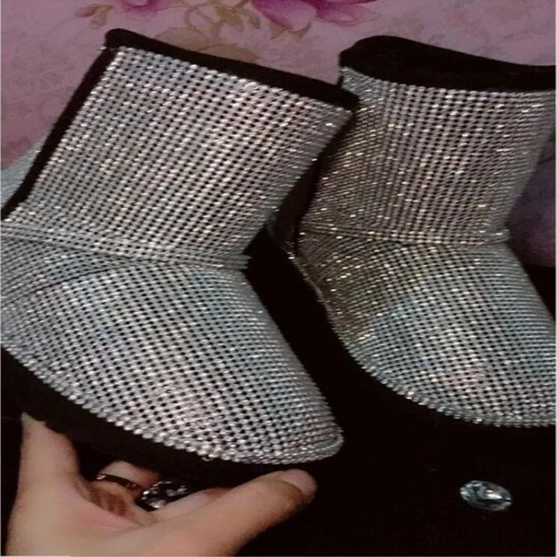 Зимние короткие ботинки Bling черные кожаные зимние Rhinestone без шнуровки на