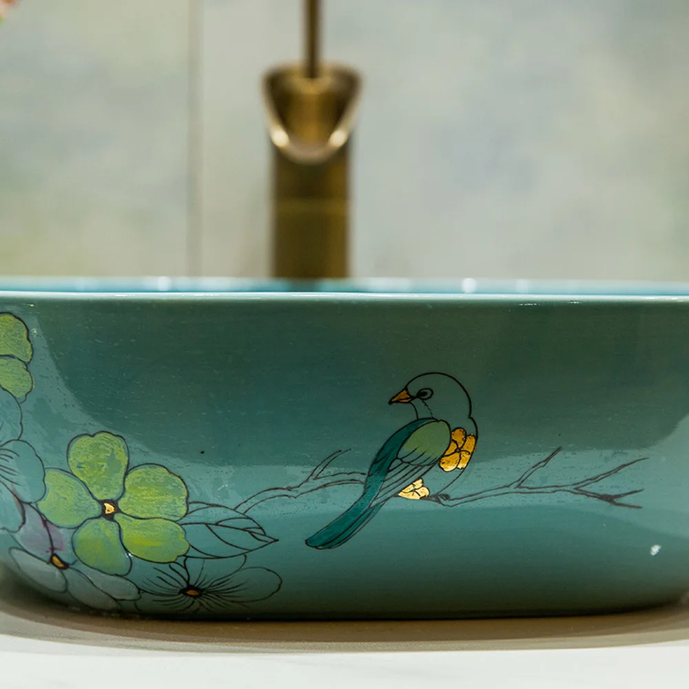 bathroom above counter basin ceramic vanity sink glaze blue flower bird LO6201128 | Обустройство дома
