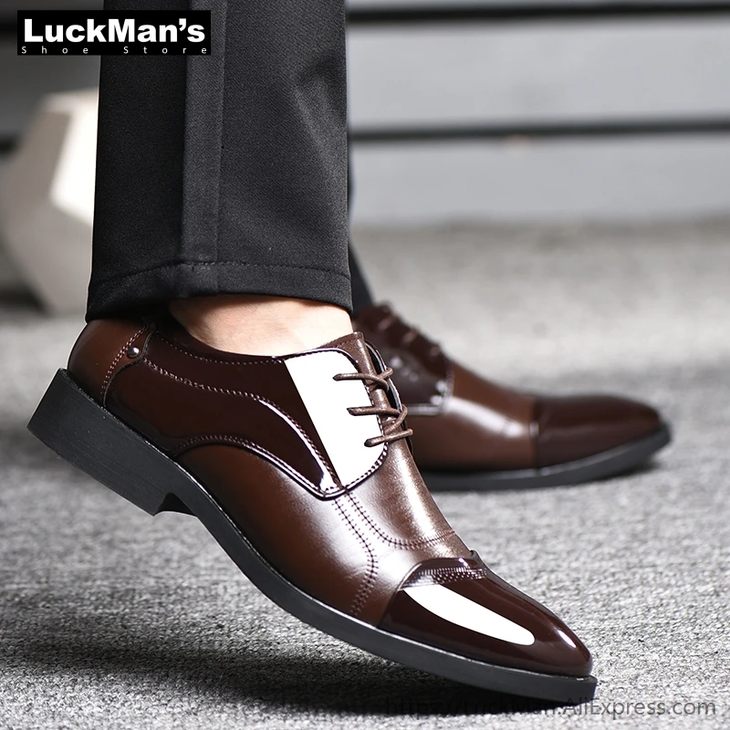 LuckMan/Мужские модельные туфли на скрытом каблуке модные кожаные мужские туфли на шнуровке черная, коричневая Свадебная формальная обувь с острым носком для мужчин