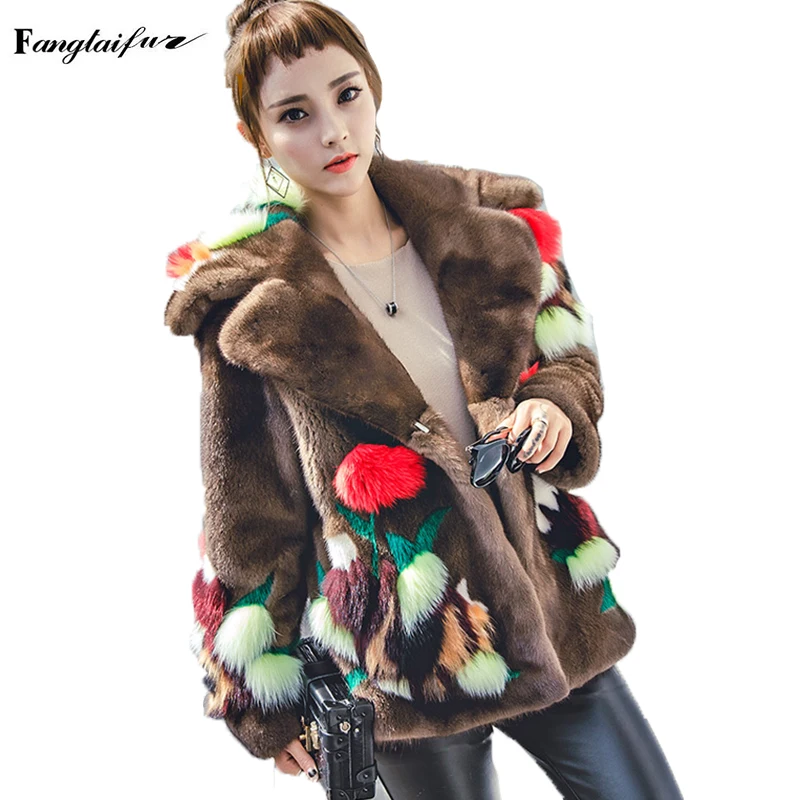 

Ftangaiur Winter Women Jacket Import Velvet Mink Coat Causal Turn-Down Collar Print Slim Mink Coats Short Real Mink Fur Coats