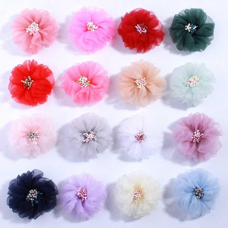 

10PCS 5.5CM Fashion Tulle Silk Hair Flower With Match Stick Center End Do Old Wrinkles Fabric Flowers For Hairpins Accessories