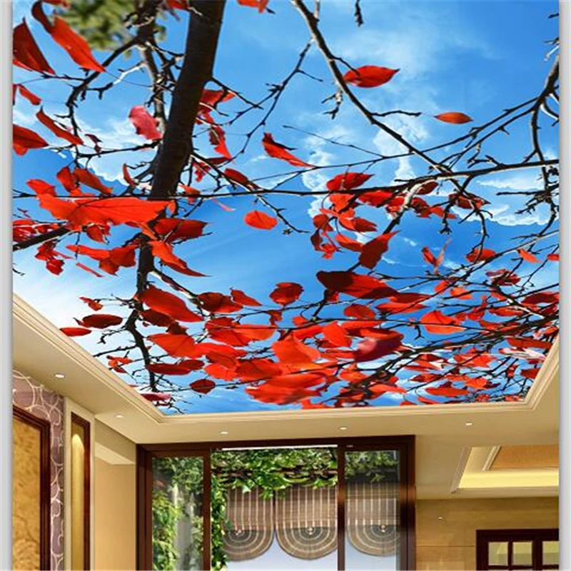 wellyu Custom large wallpaper 3d beautiful blue sky red leaves ceiling zenith fresco living room papel de parede | Обустройство дома