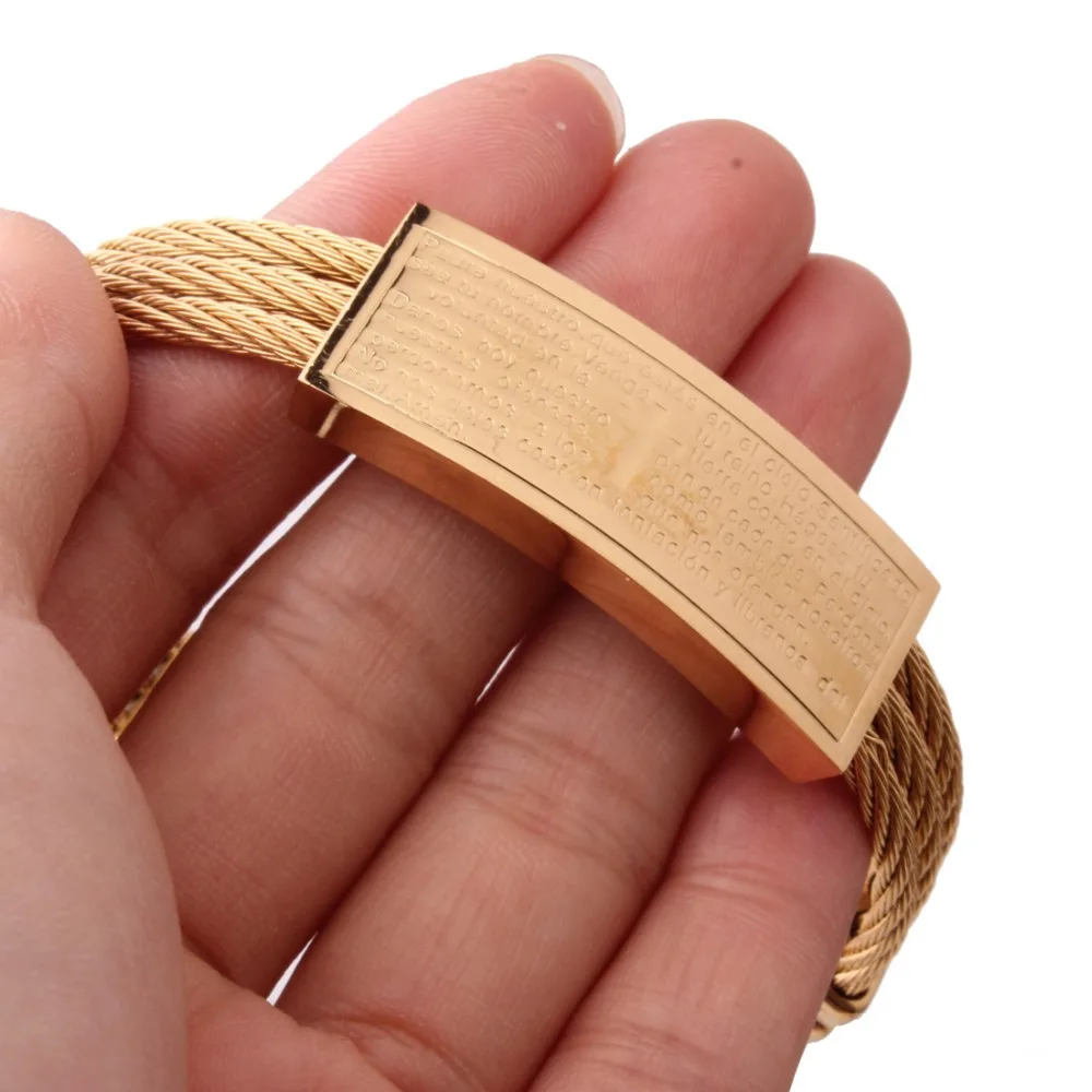 Fashion Gift Stainless Steel Gold Tone Cross Bible 3 Rows Cable Wire Rope Chain Cuff Bangle Bracelets Mens Womens Jewelry 7.67&quot |