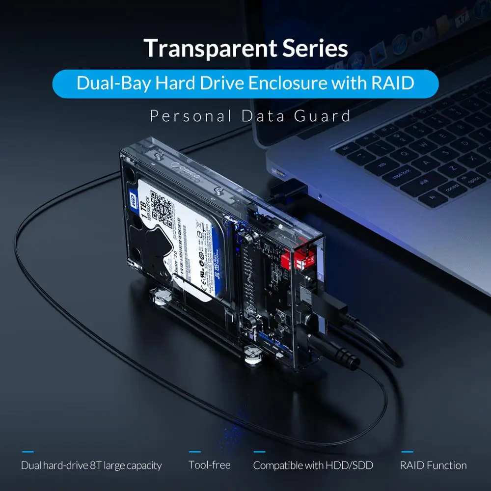 Чехол для жесткого диска ORICO 2 Bay 5 дюйма с функцией Raid Прозрачный чехол SATA на USB C