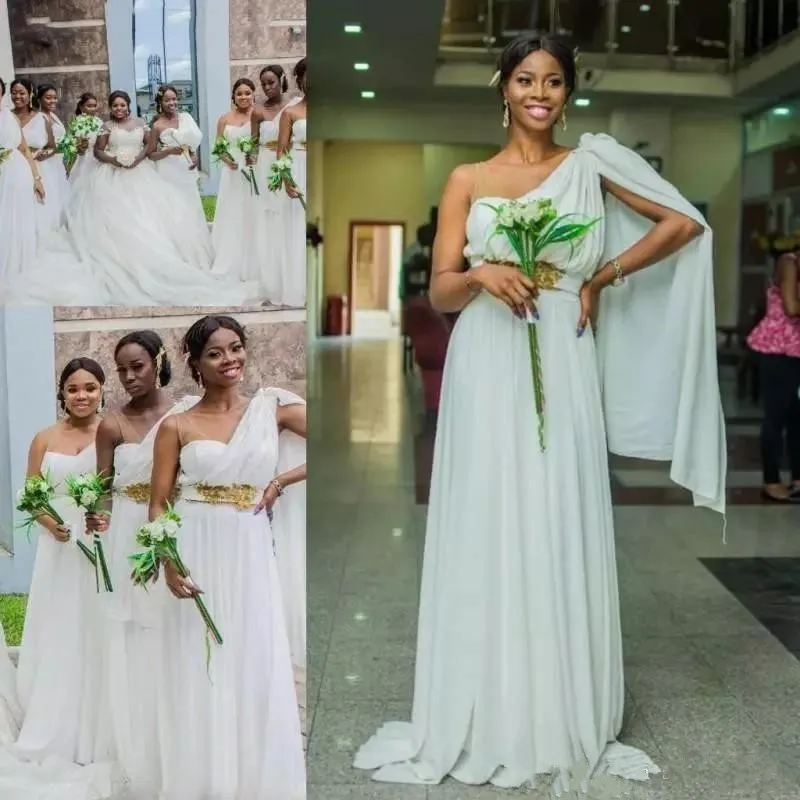 African Cheap Chiffon One Shoulder Bridesmaid Dresses Country Pearts Wedding Party with Sash Beaded Plus Size | Свадьбы и торжества