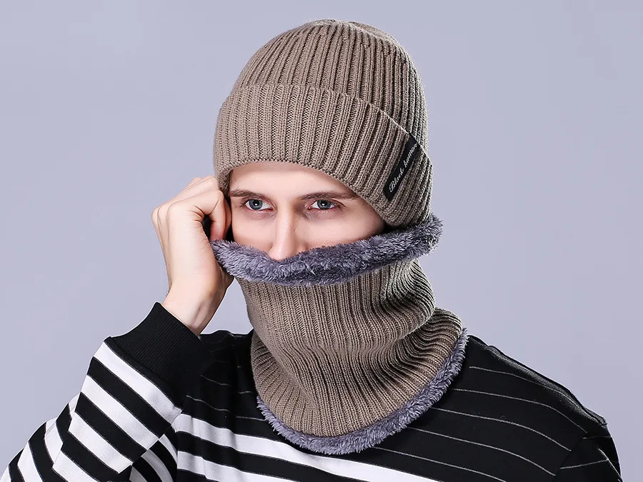 khaki Зимние шапки для мужчин бини теплая вязаная шапка Skullies шапка шарф наборы с бархатными воротниками вязаная шапка модная ветрозащитная - Цвет: khaki
